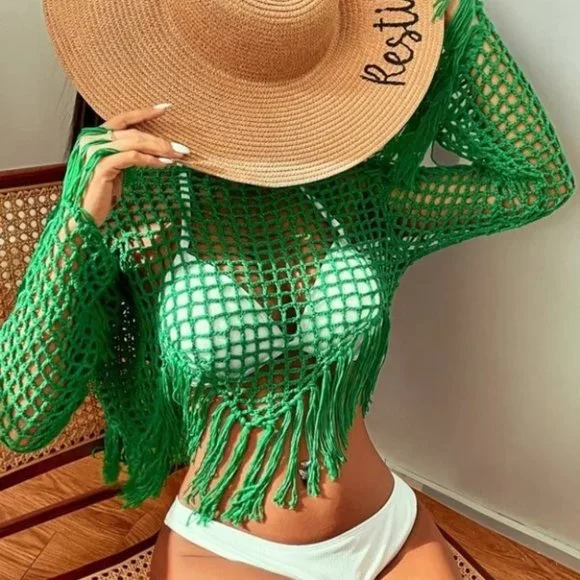 Crochet knit fringe trimmed top Swim coverupGreen - Picture 3 of 9